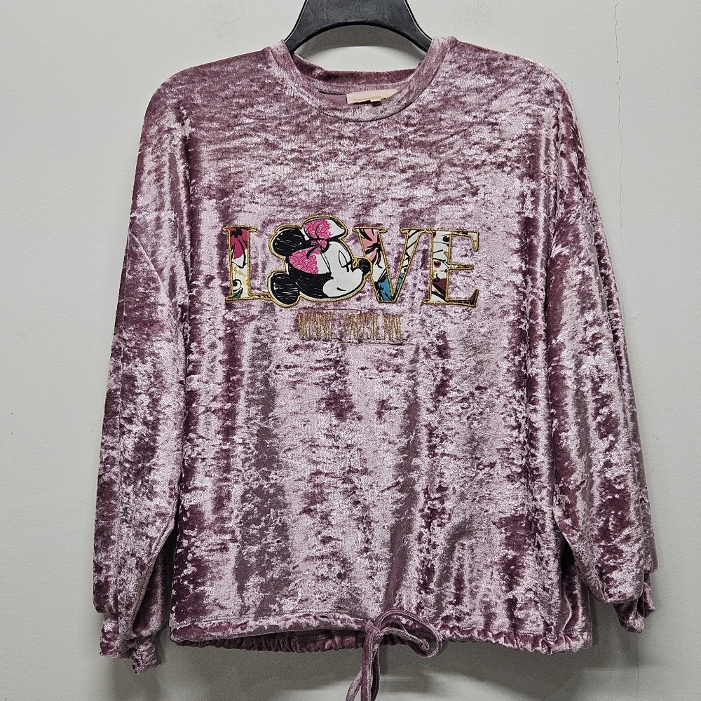 Disneyland Paris Minnie Mouse Sweatshirt Womens Size S Purple Velvet Boxy Boho